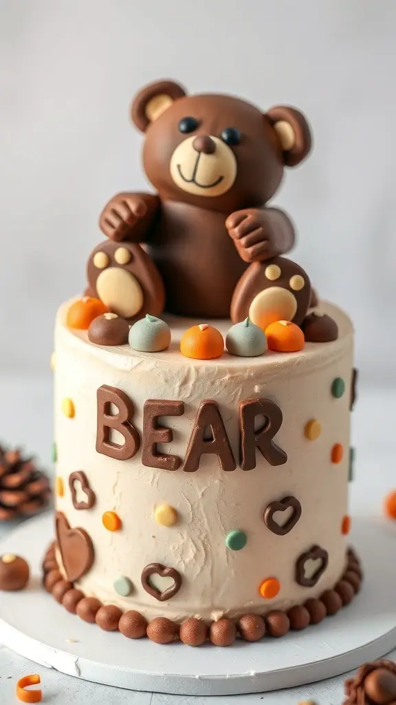 27+ Adorable Bear Baby Shower Ideas for the Perfect Celebration 7 A cute bear-themed cake for a baby shower, featuring a fondant bear on top and colorful decorations.