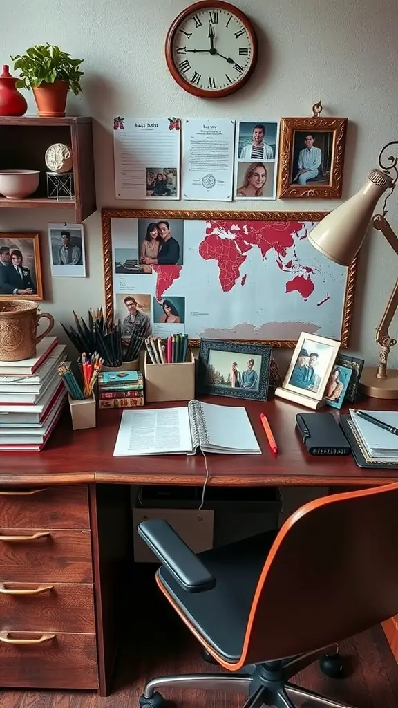 A cozy office setup featuring a desk with personal photos, a world map, colorful stationery, and a small plant.