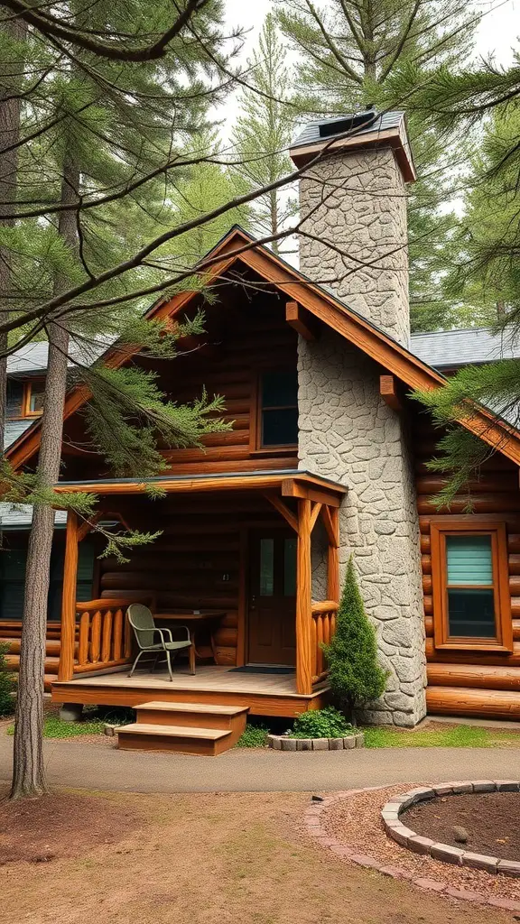 A rustic log cabin with a stone chimney, surrounded by trees and featuring a porch.