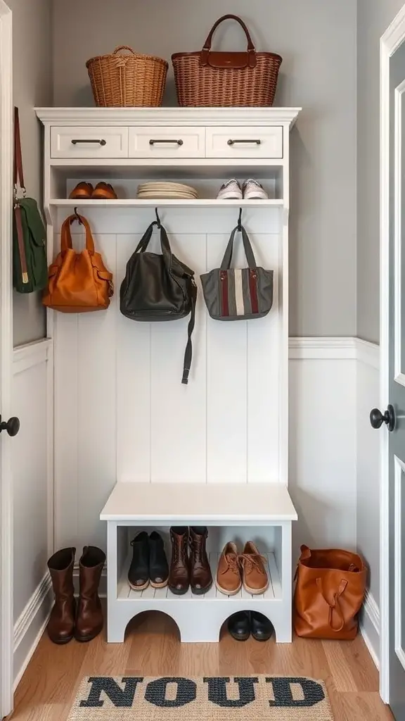 A small mudroom with white cabinets, open shelves, and a bench for seating.
