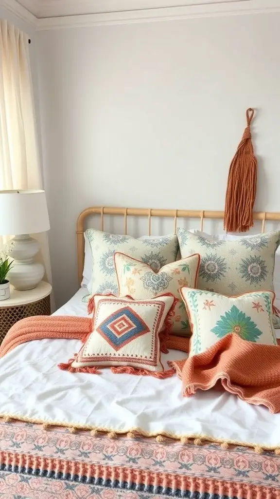 A cozy boho coastal bedroom featuring a bed with colorful pillows and a textured throw.
