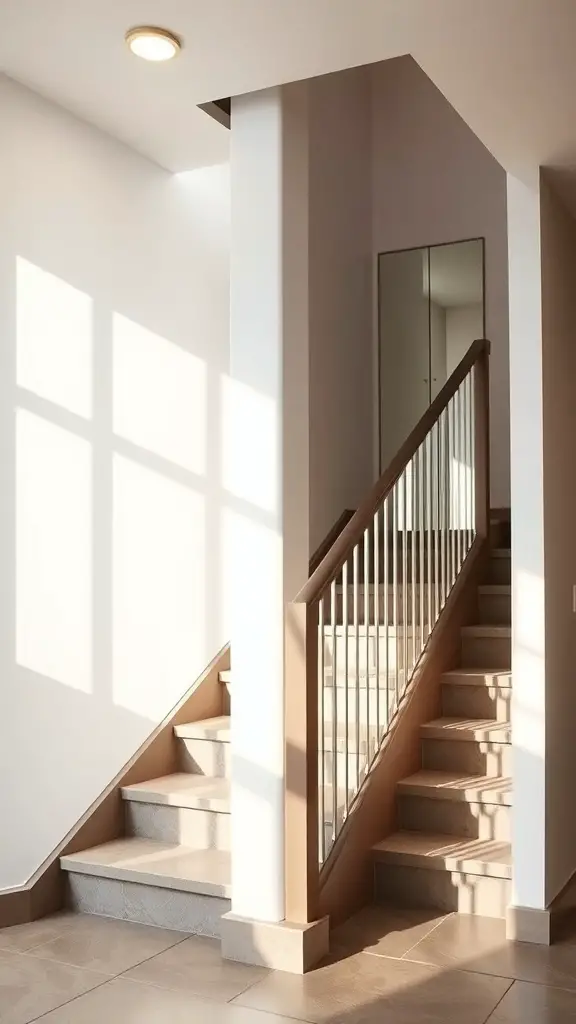 A well-lit basement stairway with a modern design featuring a mirror and stylish railings.