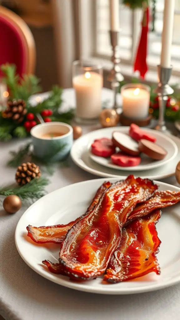 29+ Festive Christmas Brunch Buffet Ideas 5 A plate of maple-glazed bacon on a festive brunch table