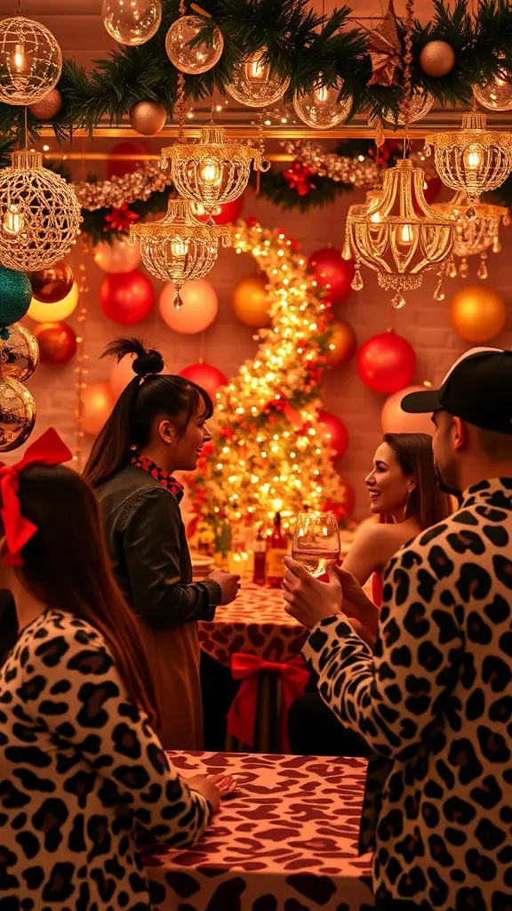 A lively animal print themed holiday party with friends enjoying drinks and festive decorations.