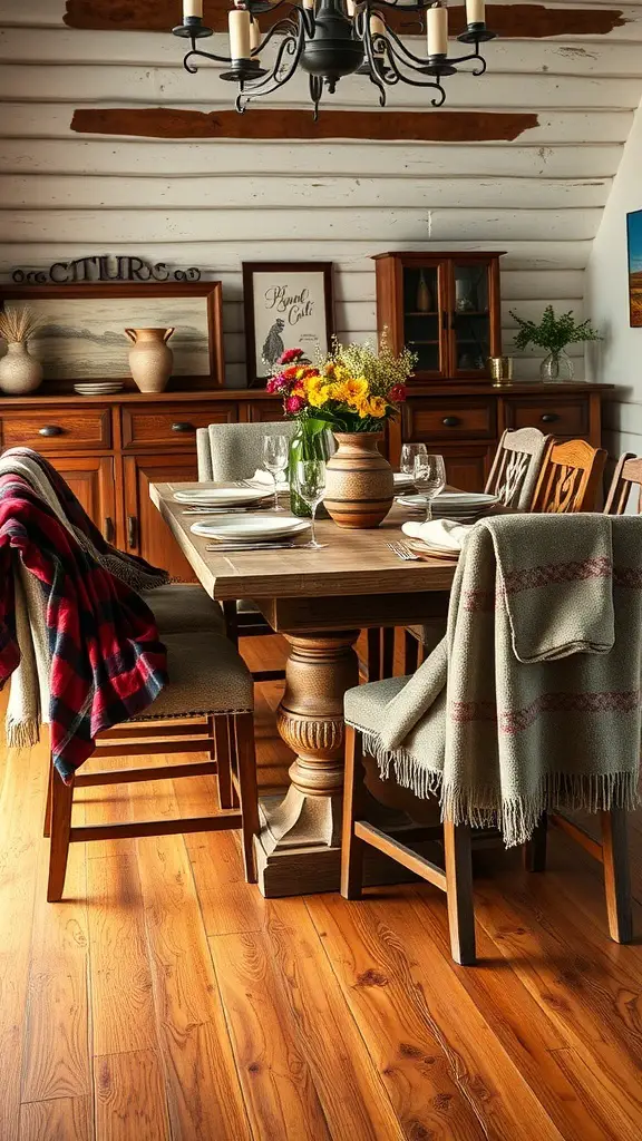 29+ Rustic Christmas Table Décor Ideas for a Cozy Holiday Celebration 11 A rustic dining table decorated for Christmas with cozy blanket throws on the chairs.