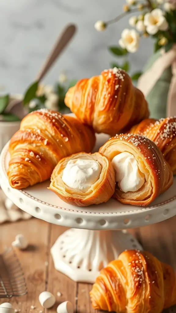 29+ Festive Christmas Brunch Buffet Ideas 12 A plate of stuffed croissants with almond cream, beautifully arranged on a cake stand.