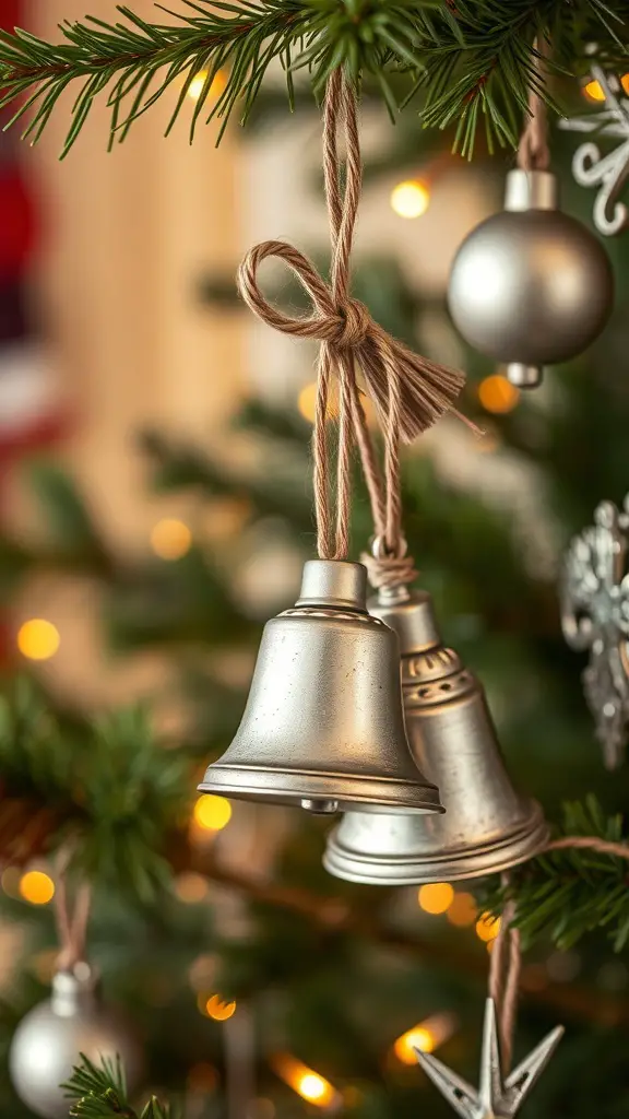 Vintage silver bells hanging on a Christmas tree