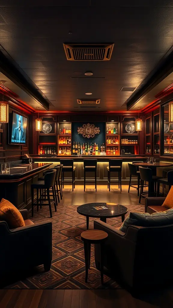 Stylish basement bar with a TV, featuring a well-stocked bar and cozy seating.