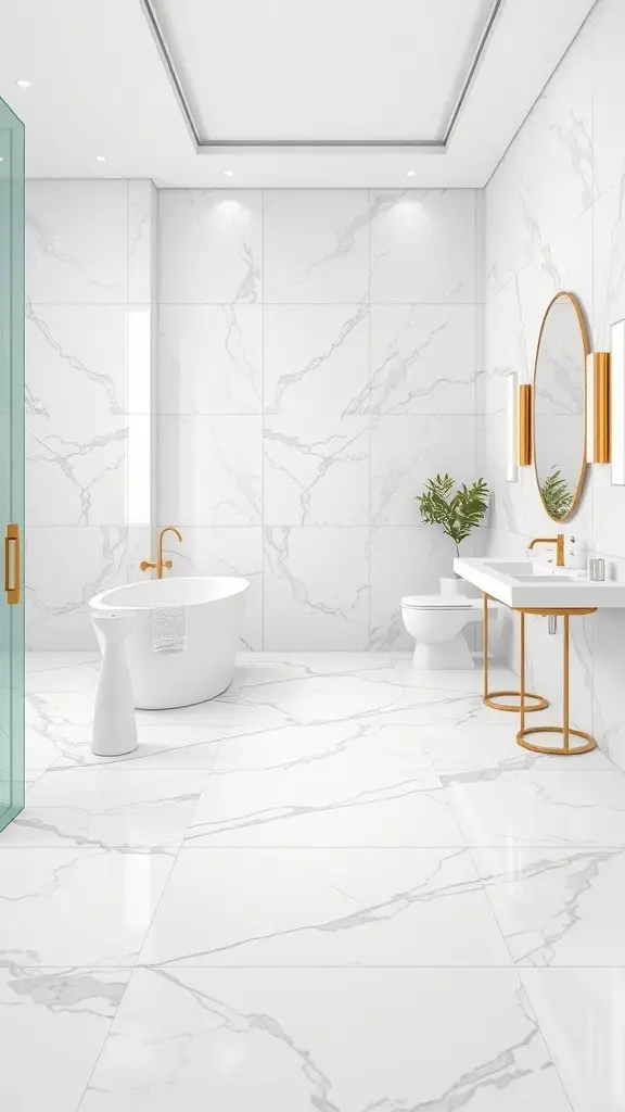 A modern bathroom featuring elegant marble floor tiles with gray veining, a freestanding bathtub, and stylish fixtures.
