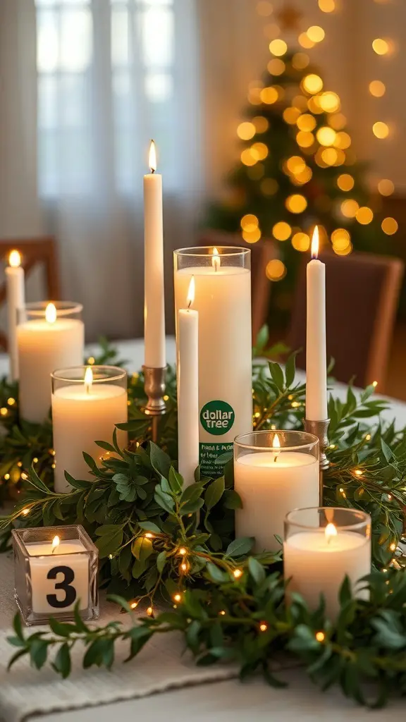 29+ Gorgeous Dollar Tree Centerpieces You Can Create for Any Occasion 3 A beautiful candle centerpiece featuring white candles and greenery, creating a cozy atmosphere.