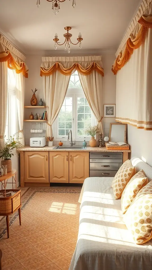 A cozy kitchen featuring cream and gold textiles with elegant curtains and cushions.