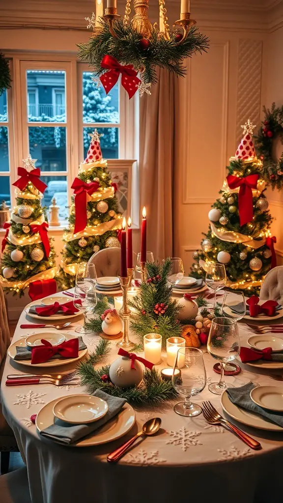 A beautifully decorated Christmas dinner table with red bows, candles, and festive trees in the background.