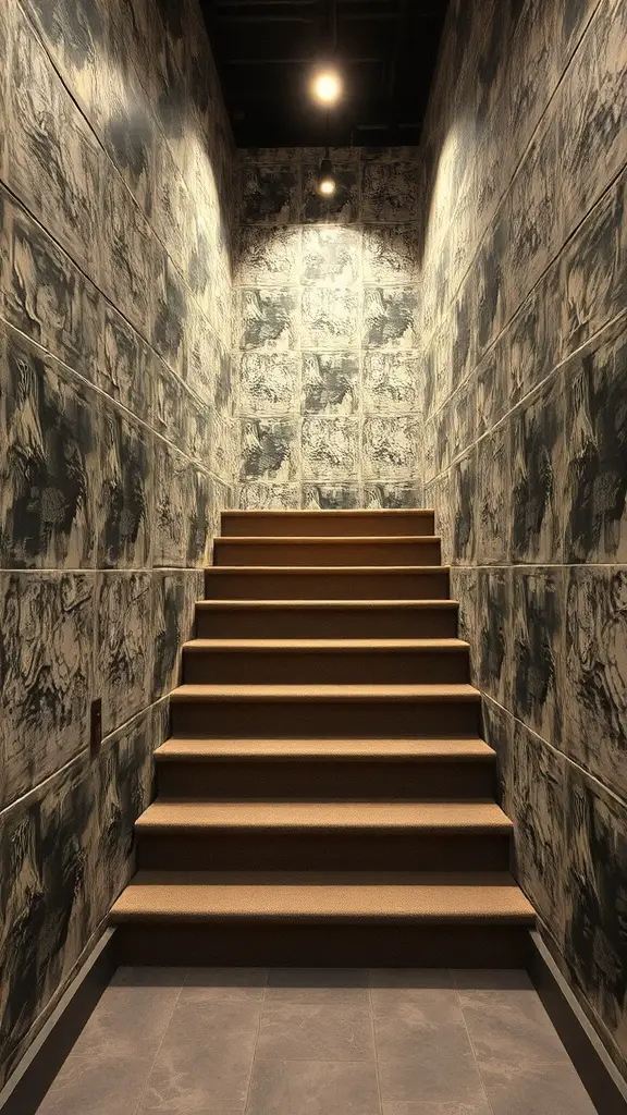 Stylish basement stairs with textured wallpaper