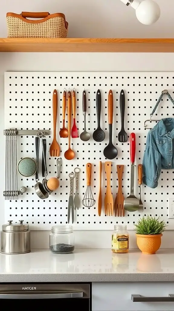 A pegboard displaying various kitchen utensils and tools, organized neatly for easy access.