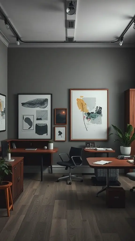 A stylish office with artistic wall decor, featuring abstract art pieces on dark walls.
