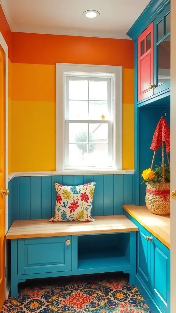 A colorful mudroom featuring orange, yellow, and blue walls with a bench and decorative pillow.
