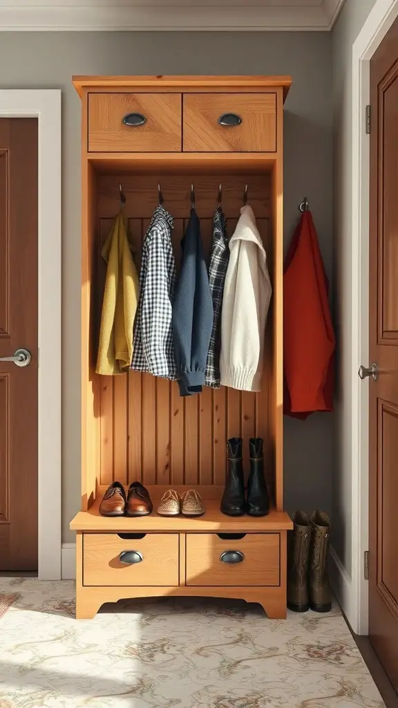 A wooden mudroom cabinet with hooks for coats, shoes below, and drawers for storage.