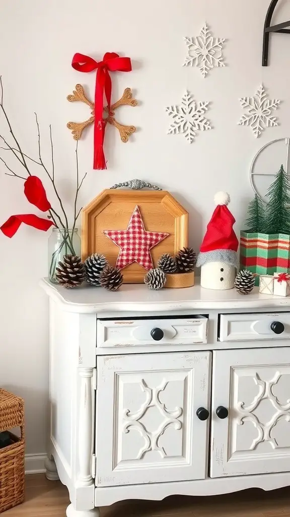 23+ Beautiful Christmas Sideboard Decor Ideas to Transform Your Home 10 A decorated sideboard for Christmas featuring a wooden tray, pinecones, a snowman, and a small Christmas tree.