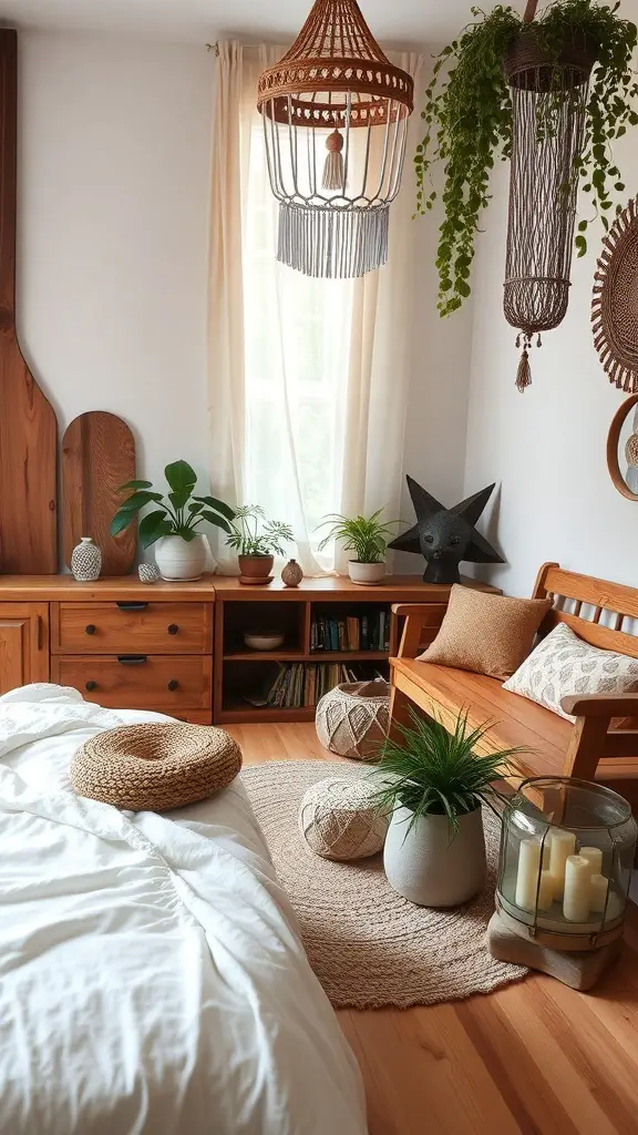 A cozy boho witchy bedroom featuring wooden furniture, plants, and soft textiles.