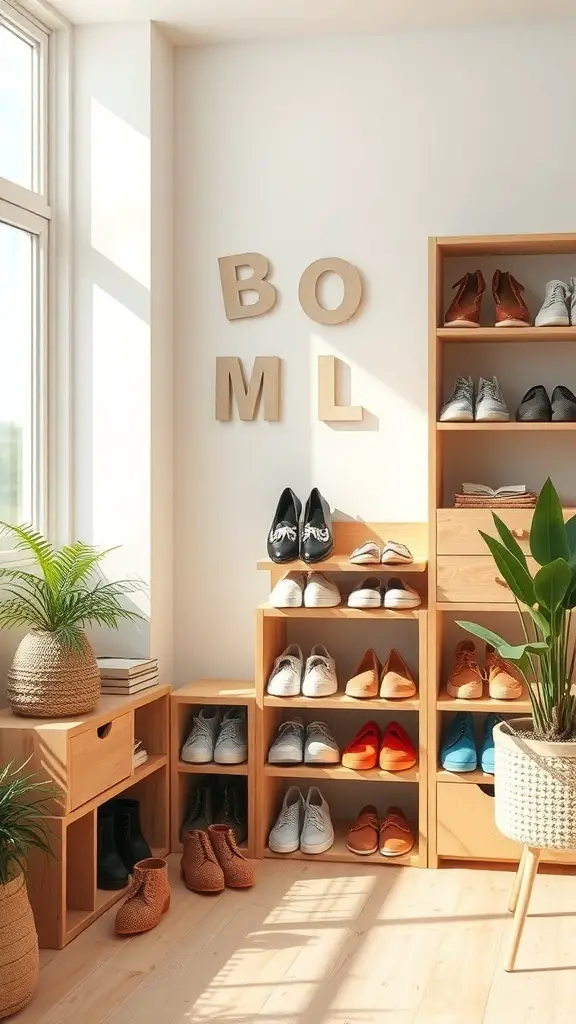 A bright and organized shoe storage area featuring wooden racks and plants