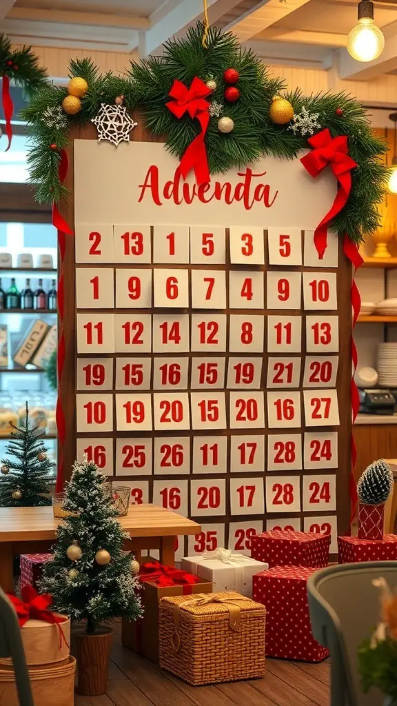 25+ Festive Cafe Christmas Decoration Ideas 10 A large interactive advent calendar decorated with greenery and red bows, featuring numbered doors and surrounded by festive gifts.
