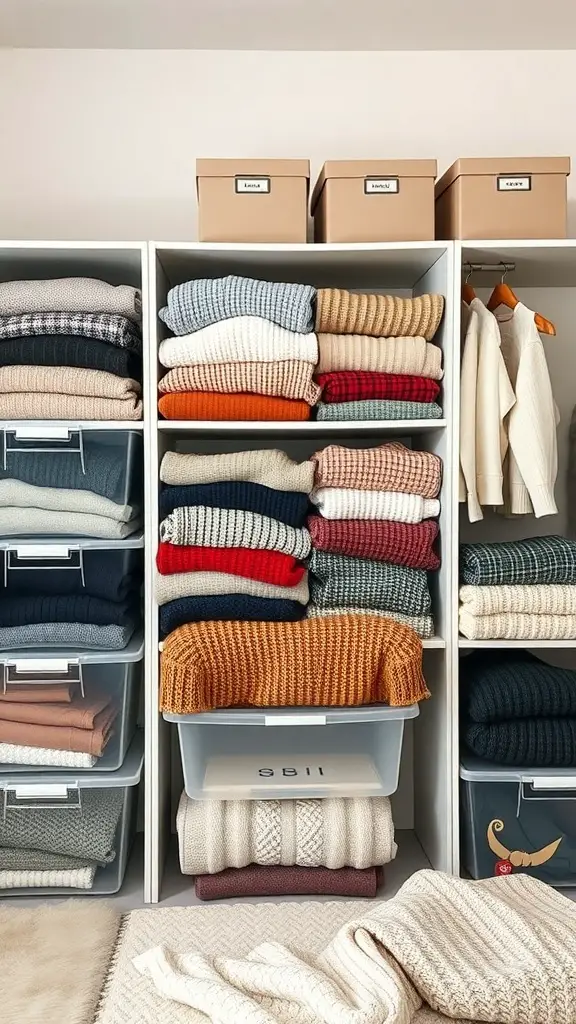 29+ Creative Sweater Storage Ideas to Maximize Your Closet Space 16 Organized sweater storage with neatly folded sweaters in various colors and textures on shelves.