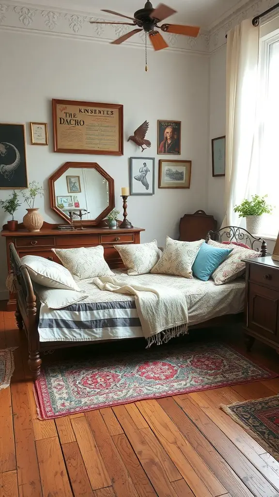 25+ Inspired Floor Bed Ideas for a Cozy Bedroom Makeover 7 Cozy vintage floor bed arrangement with pillows and framed art on the walls