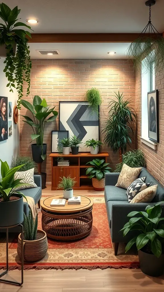 Cozy basement family room with various indoor plants and comfortable seating.