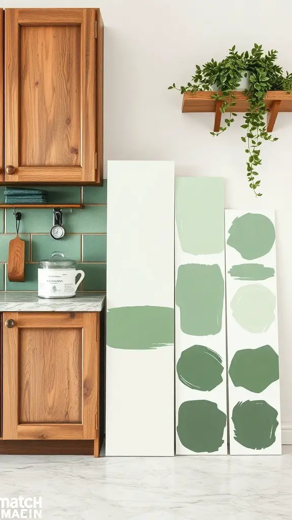 27+ Stunning Green Rustic Kitchen Cabinets for a Charming Makeover 7 A collection of green paint samples next to rustic wooden kitchen cabinets, showcasing various shades of green.