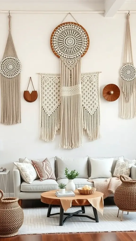 A cozy living room featuring macramé wall hangings, a wooden coffee table, and soft cushions.