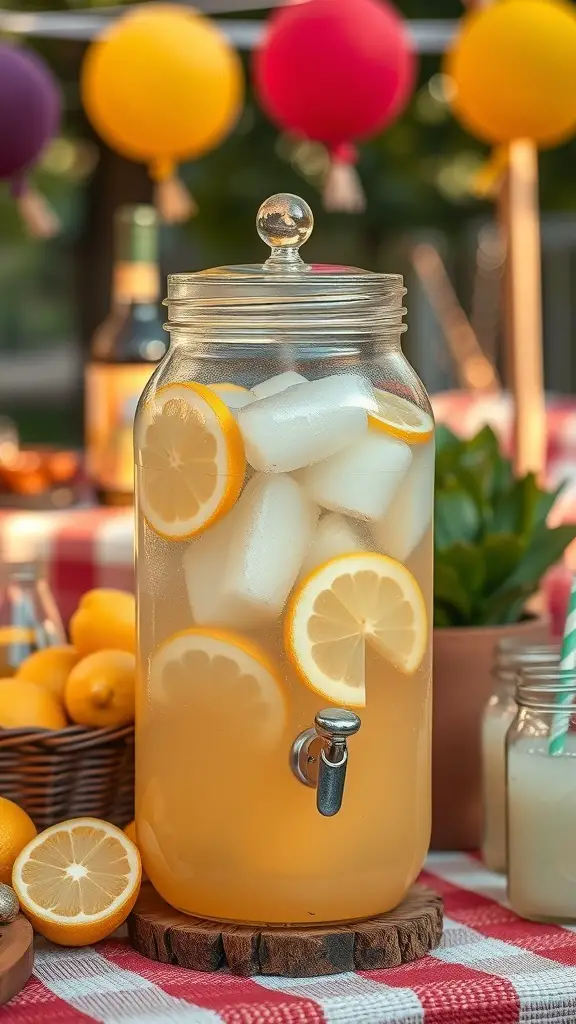 27+ Creative Mason Jar Storage Ideas for a Clutter-Free Home 10 A mason jar beverage dispenser filled with lemonade and ice, surrounded by lemons and colorful decorations.