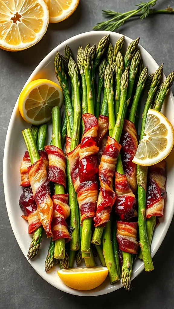 Bacon-wrapped asparagus with lemon slices on a plate