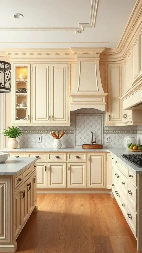 25+ Gorgeous Kitchen Cabinet Colors to Transform Your Space 8 A kitchen featuring classic creamy beige cabinets with elegant design and wooden flooring.