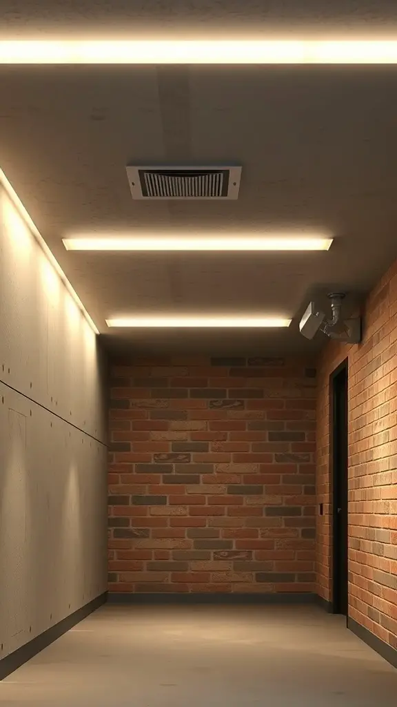 A basement hallway featuring cove lighting along the ceiling, with a mix of concrete and brick walls.