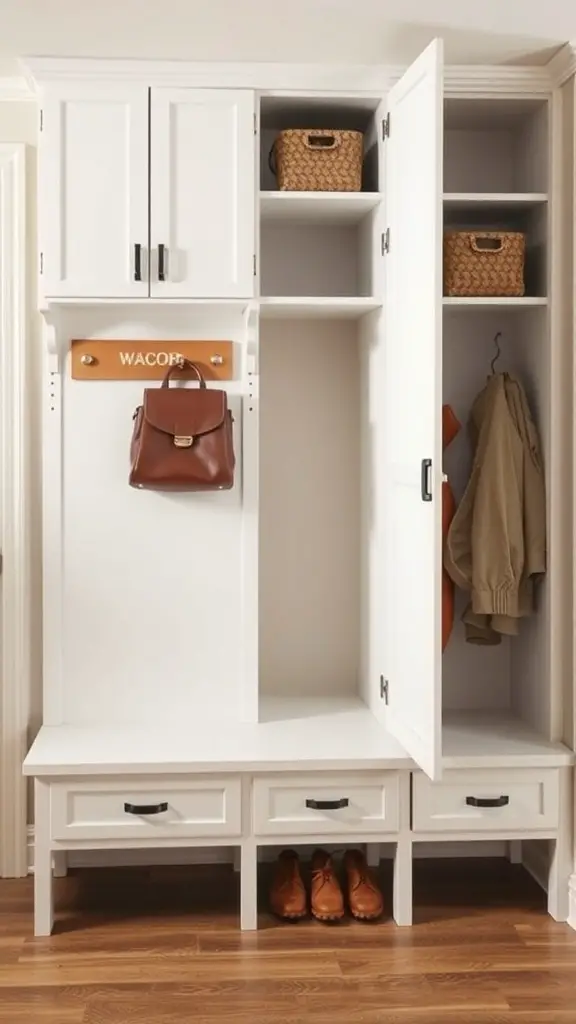 A stylish mudroom cabinet with a bench, featuring storage for shoes, bags, and outerwear.