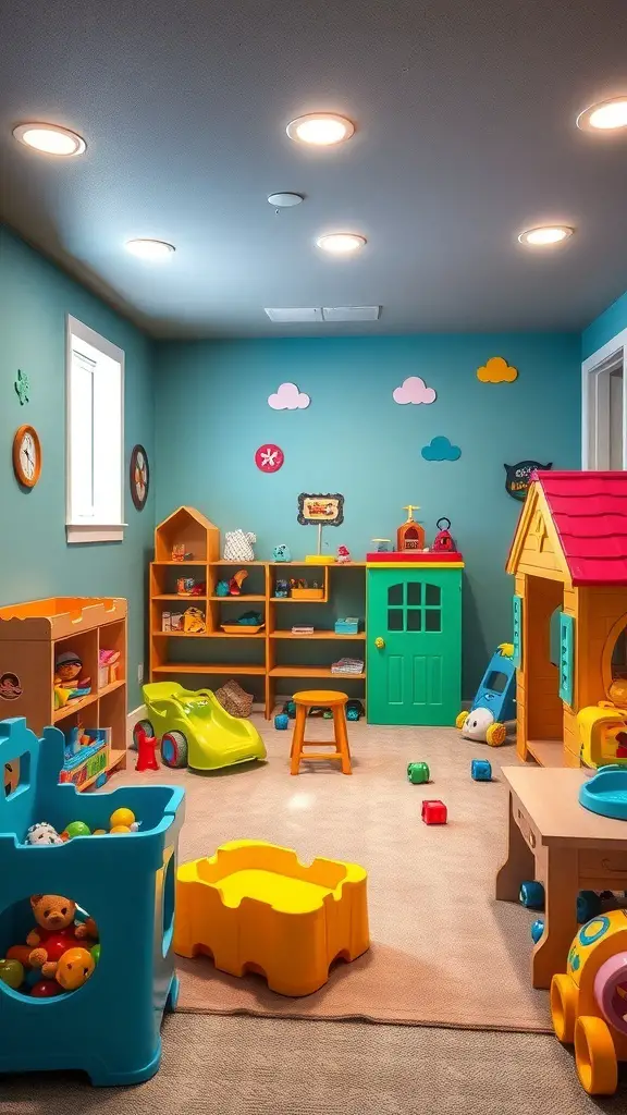 A colorful children's playroom with toys, a small slide, and playful decorations.
