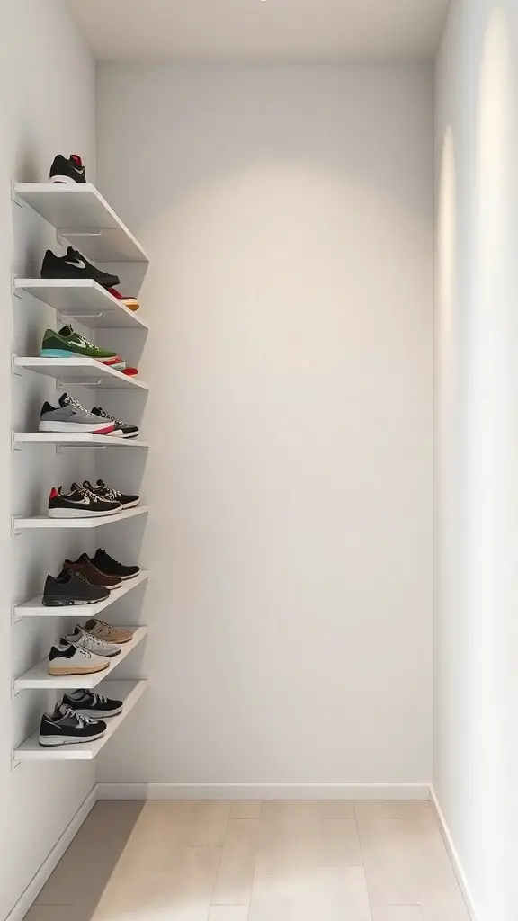 Wall-mounted shoe shelves displaying various pairs of shoes