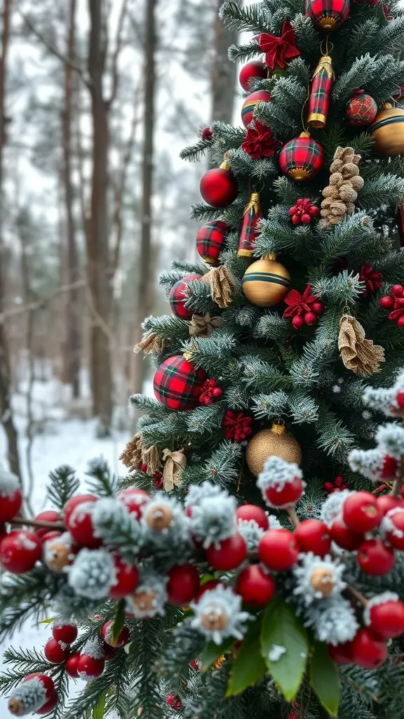 27+ Festive Tartan Christmas Decorations to Elevate Your Holiday Decor 5 A Christmas tree decorated with red and gold ornaments, surrounded by snowy trees and winter berries.