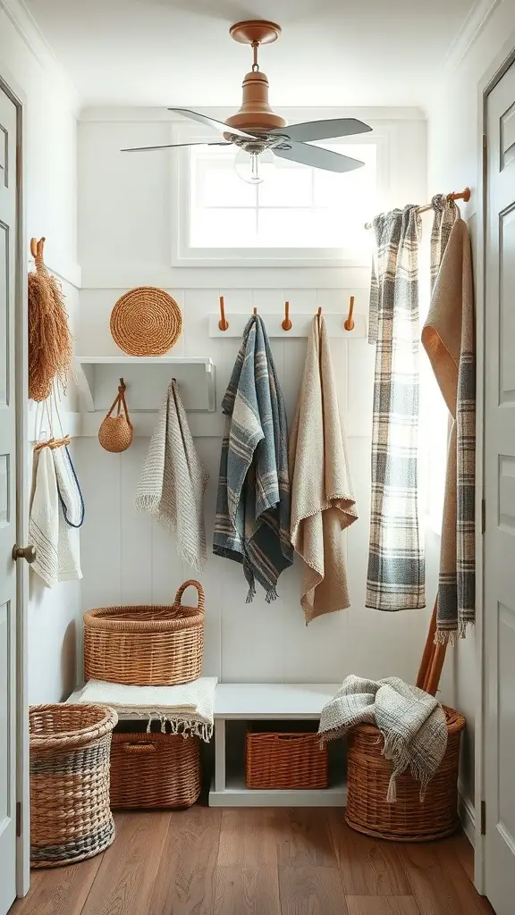 A cozy farmhouse mudroom with hanging towels, blankets, and woven baskets.