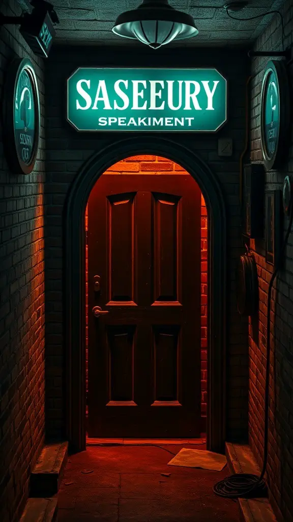 23+ Hidden Gem Speakeasies to Discover in the Basement 5 A dimly lit corridor leading to a door with a glowing sign that says 'SASEEURY SPEAKIMENT'.