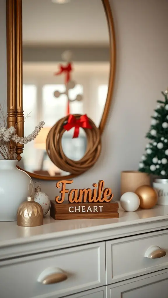 29+ Stunning Christmas Console Table Decor Ideas 14 A console table decorated for Christmas with personalized family ornaments and festive decor.