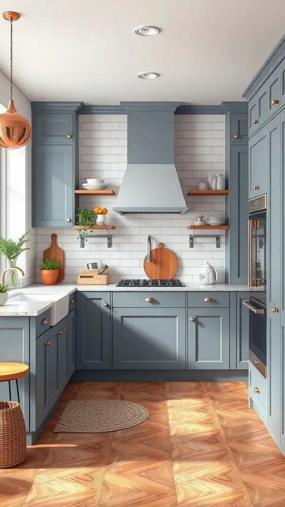 29+ Stunning Blue Gray Kitchen Cabinets to Transform Your Space 11 A kitchen featuring blue gray cabinets, wooden flooring, and earthy accents.