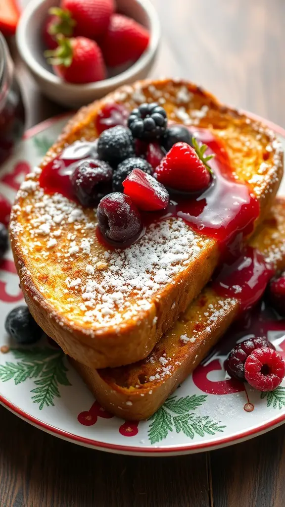 Two slices of French toast topped with berry compote and powdered sugar on a festive plate.