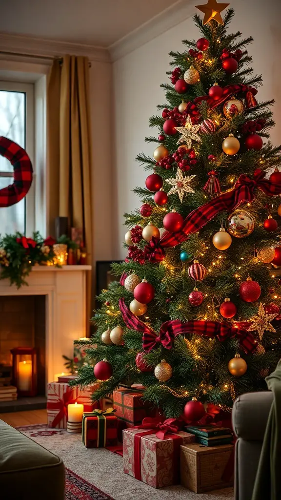 27+ Festive Tartan Christmas Decorations to Elevate Your Holiday Decor 9 A beautifully decorated Christmas tree with red and gold ornaments, surrounded by wrapped presents and a cozy fireplace.