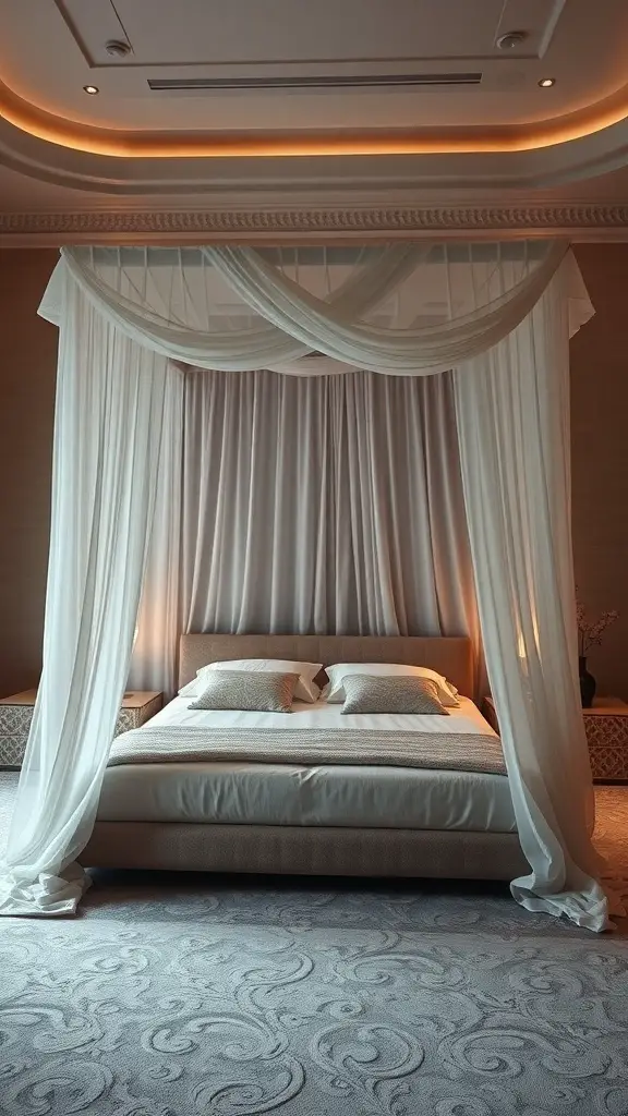 25+ Inspired Floor Bed Ideas for a Cozy Bedroom Makeover 5 A luxurious floor bed with a canopy, featuring soft drapes and warm lighting.