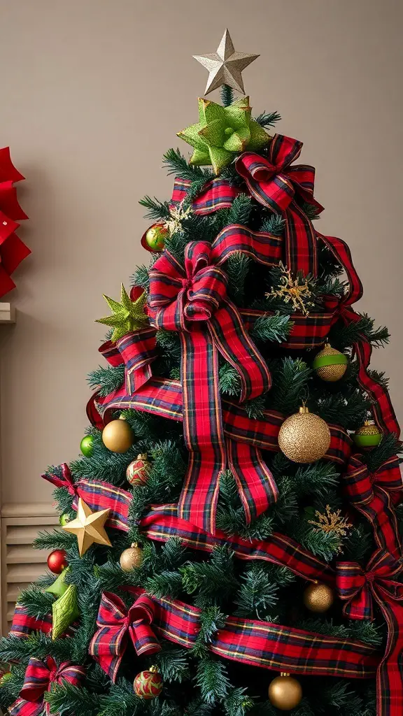 25+ Festive Tartan Plaid Christmas Tree Ornaments and Decorations 7 A beautifully decorated Christmas tree featuring tartan ribbons, gold and green ornaments, and a star on top.