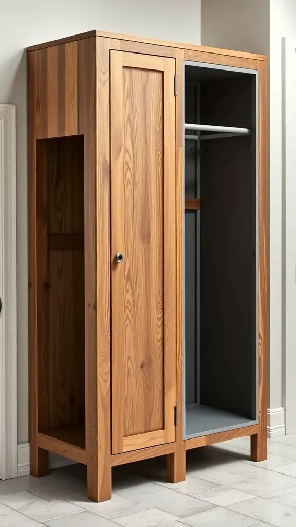 A wooden mudroom locker with a natural finish, featuring a single door and open space for storage.