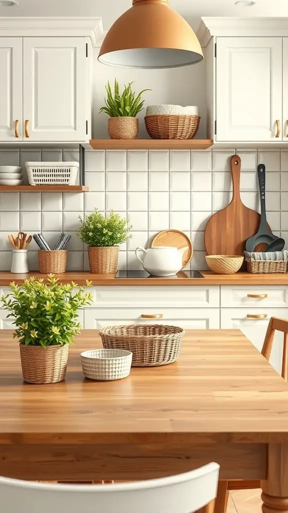25+ Stunning Kitchen Table Decor Ideas to Elevate Your Space 15 A stylish kitchen table decor featuring wooden elements, woven baskets, and plants.