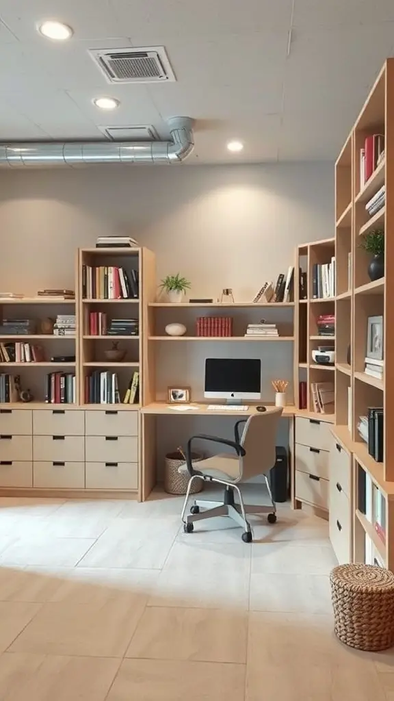 27+ Inspiring Basement Office Ideas for Ultimate Productivity 10 A modern basement office with tall bookshelves, a desk, and a computer.