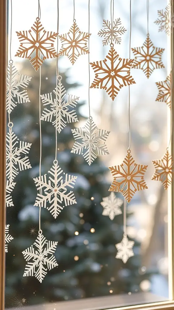 29+ Creative Winter Window Decoration Ideas for a Cozy Home 7 Beautiful paper snowflakes hanging in a window, creating a winter decoration.